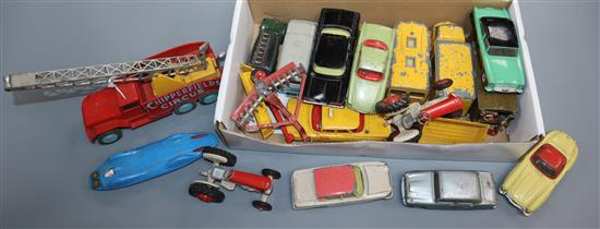 A collection of toy cars including Corgi Proteus Campbell Bluebird and a Corgi Major Chipperfield Circus International Truck